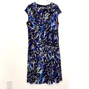 GLAMOUR Plus Size Blue Purple Multi Geometric Surplice Work Midi Fit Flare Dress